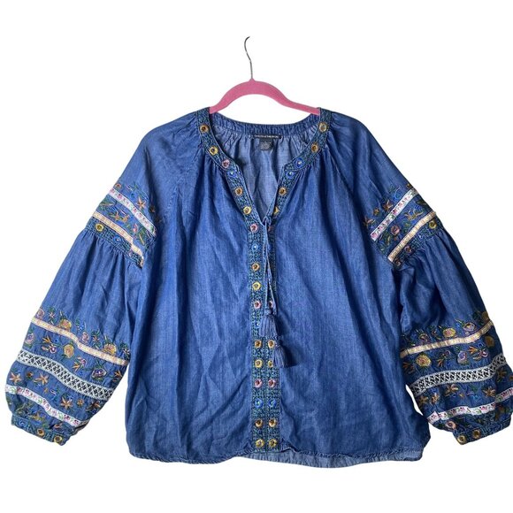 Chelsea & Theodore Top Womens Size L Boho Floral Embroidered Denim Blouse - Picture 1 of 11